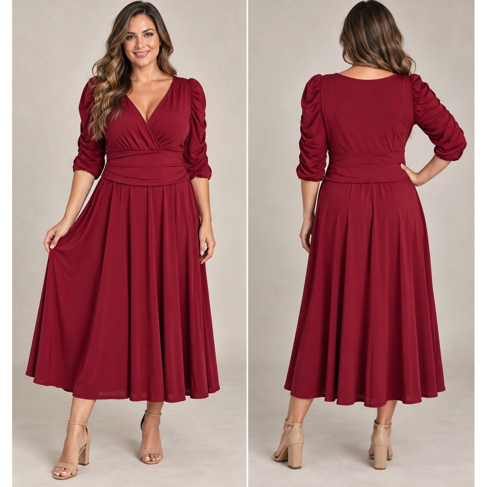 Ever-Pretty Burgundy Ruched Sleeve Wrap V-Neck Midi Dress Size 16 NWT